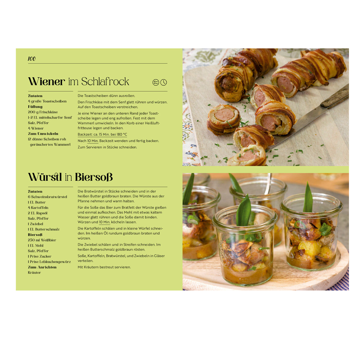 Aufgeschlagenes Kochbuch "Alpentapas" mit Rezept für Wiener im Schlafrock und Würstl in Biersoß.