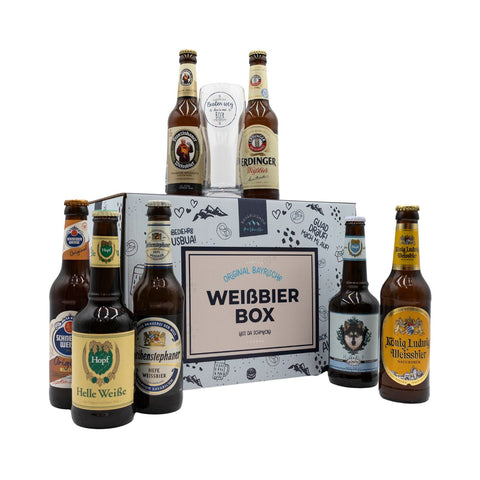 Bier-Geschenk-Box Weißbier mit sechs bayerischen Weißbieren und einem Bierglas, perfekt zum Verschenken.
