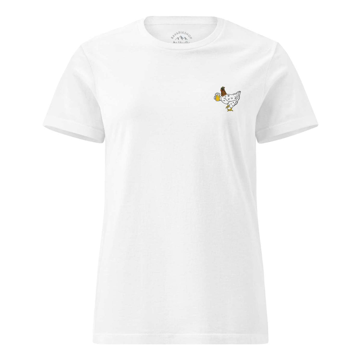 Weißes Damen Rezept T-Shirt "Bierhendl" mit farbigem Hendl-Motiv, das ein Bierglas hält.
