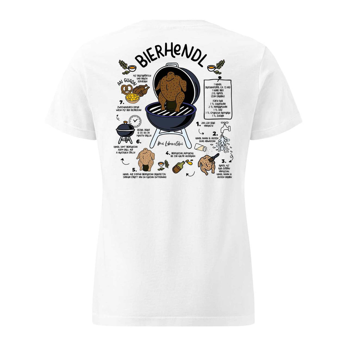 Damen Rezept T-Shirt Bierhendl mit detaillierter Anleitung für bayerisches Bierhähnchen vom Grill und Zutatenliste.