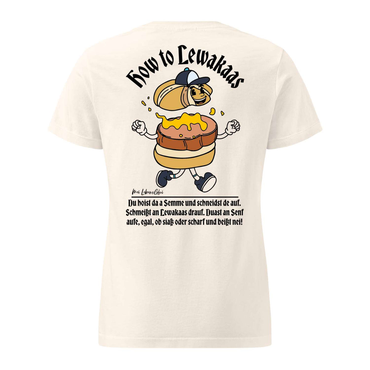 Damen Rezept T-Shirt "Lewakaas", creme-farben mit Cartoon-Leberkäse-Semmel-Motiv und bayerischer Anleitung.