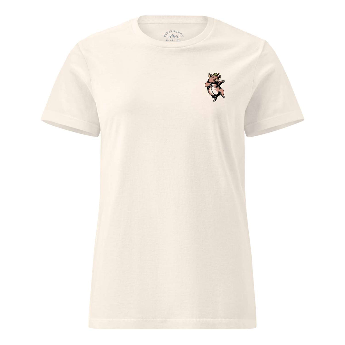 Damen Rezept T-Shirt Schweinsbraten creme mit kleinem Trachtenschwein-Motiv auf der Brust.