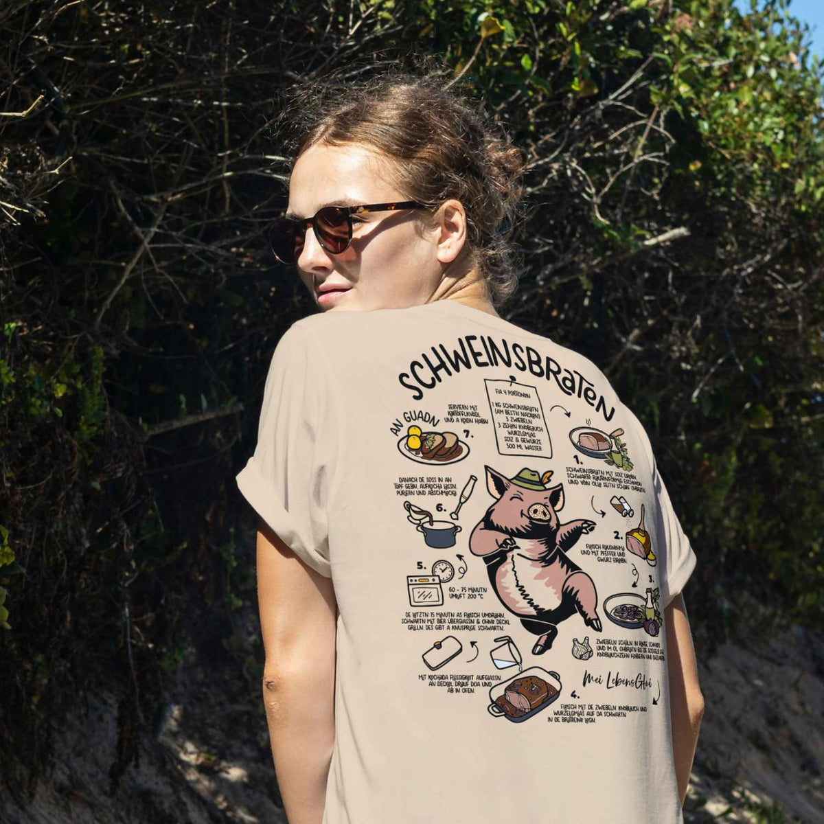 Damen Rezept T-Shirt "Schweinsbraten" mit lustigem Schwein und Kochrezept bedruckt, Alltags-Look.