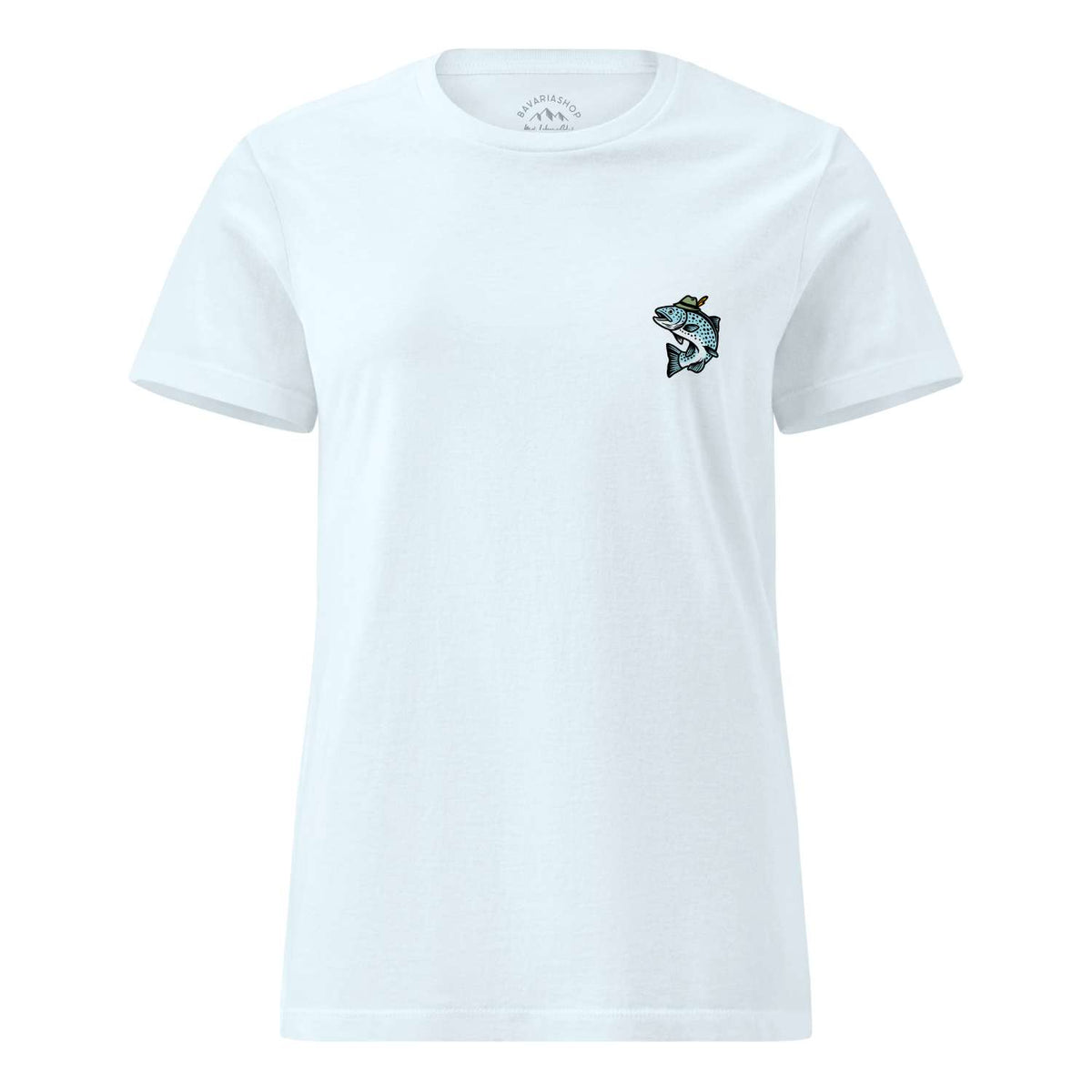 Weißes Damen T-Shirt Boarischer Steckerlfisch mit blauem Fisch-Print und Hut auf der Brust.