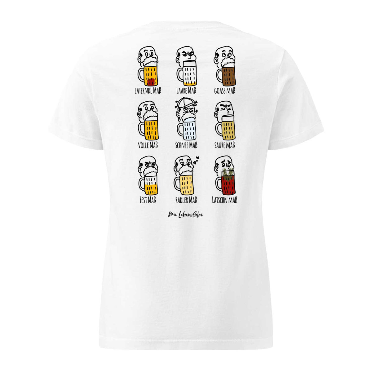 Damen Rezept T-Shirt "Pack Maß" weiß mit Comic-Maßkrug-Motiven und bayerischen Bier-Regeln.