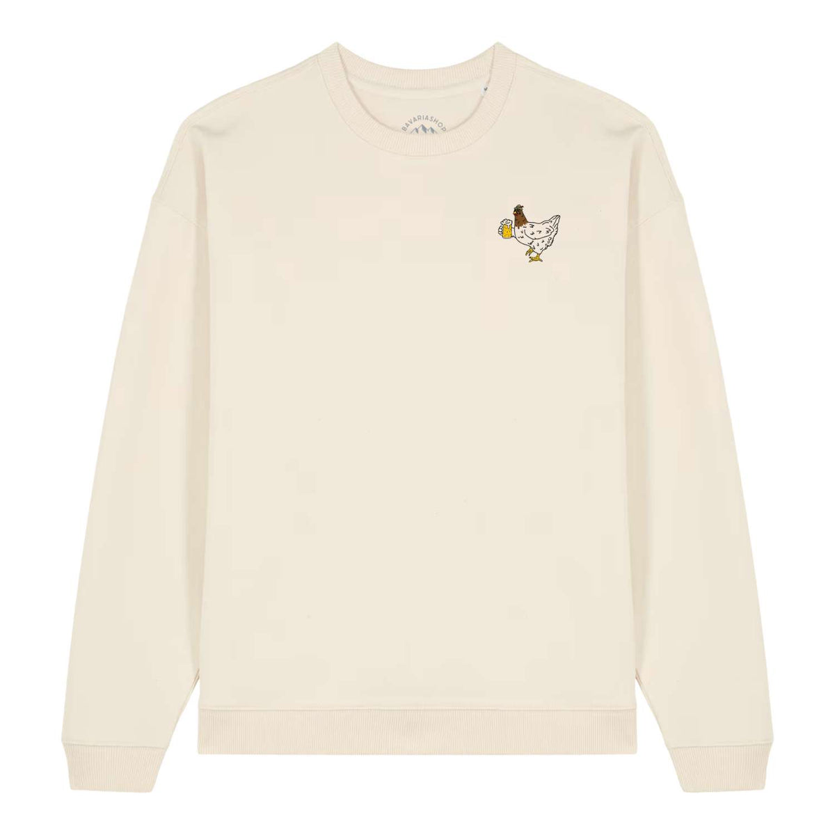 Weißer Herren Rezept Pullover Bierhendl mit gesticktem Huhn, das ein Bierglas hält, gemütliche Passform.