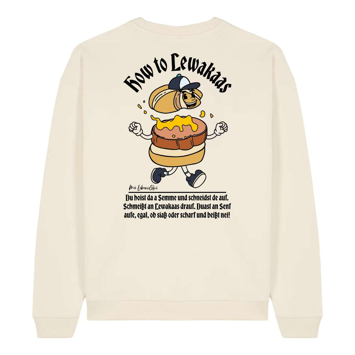 Herren Rezept Pullover Lewakaas beigefarben mit lustigem "How to Lewakaas" Sandwich-Cartoon und Text.