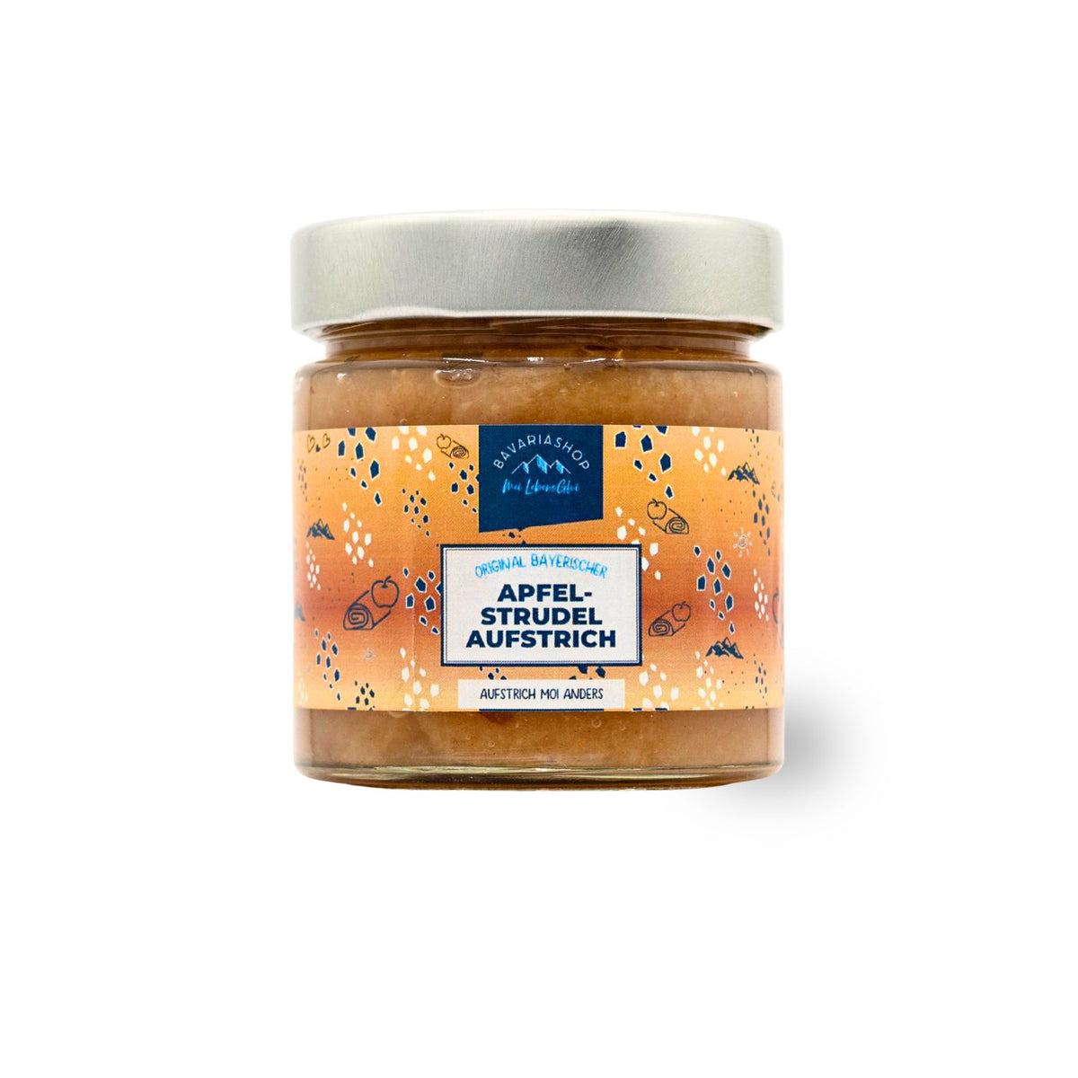 Glas Fruchtaufstrich "Apfelstrudel" mit bayerischem Etikett, bereit zum Genuss für Frühstück oder Dessert.