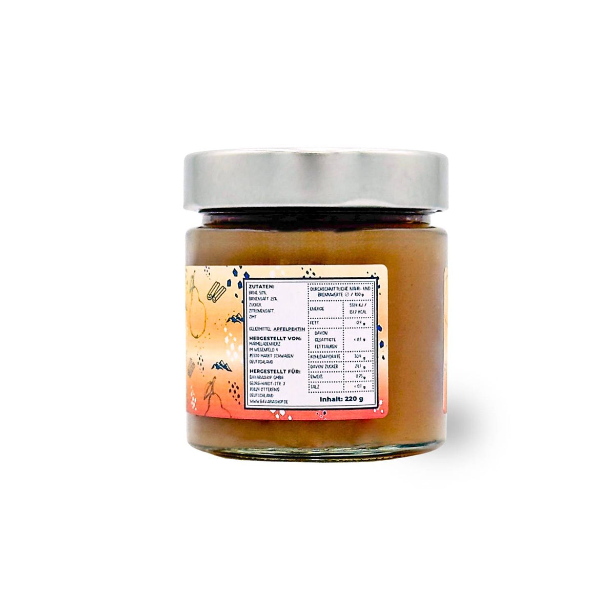 Glaskännchen mit Fruchtaufstrich "Winter-Birne", minimalistisches Etikett, 220g Inhalt, hochauflösend.