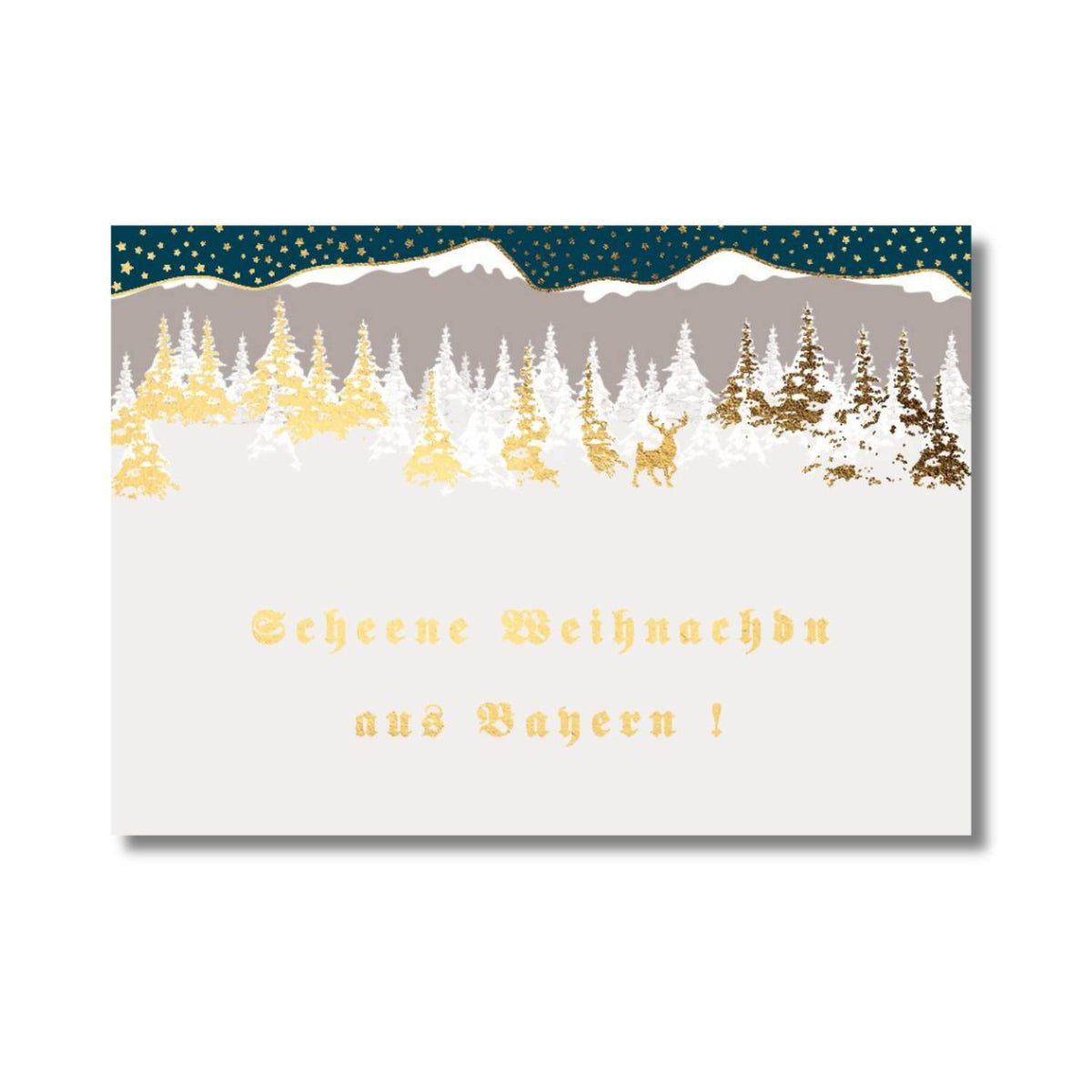 Glückwunschkarte Scheene Weihnachdn mit goldglitzernden Tannen und Bergen vor sternenklarem Nachthimmel