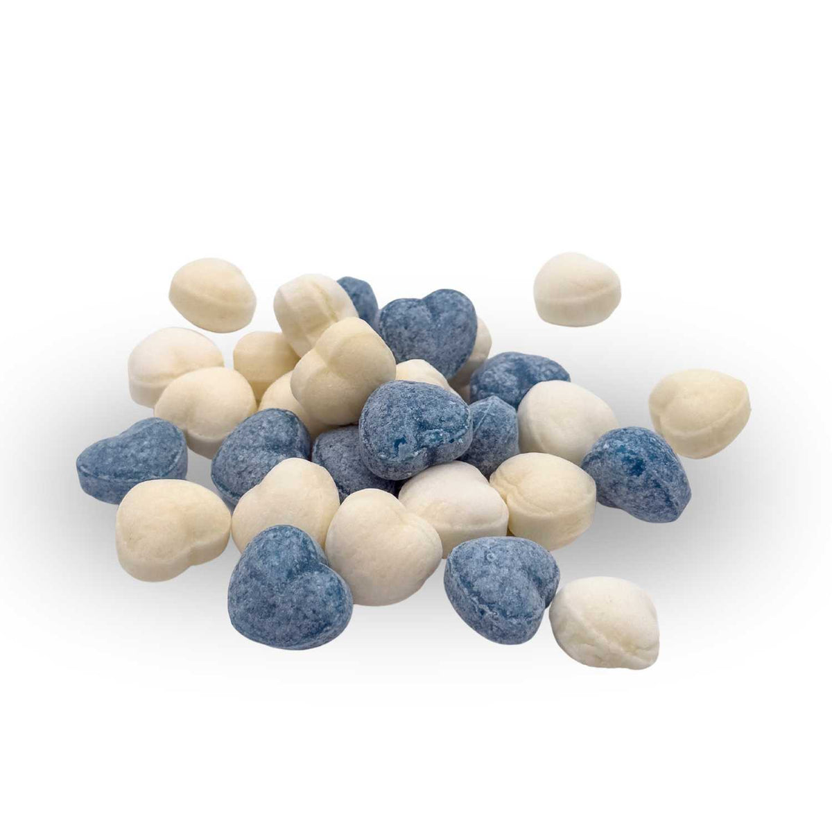 Himmlische Herzal - Guadl, bunte Herzbonbons in hellblau und creme, einzeln leuchtend.