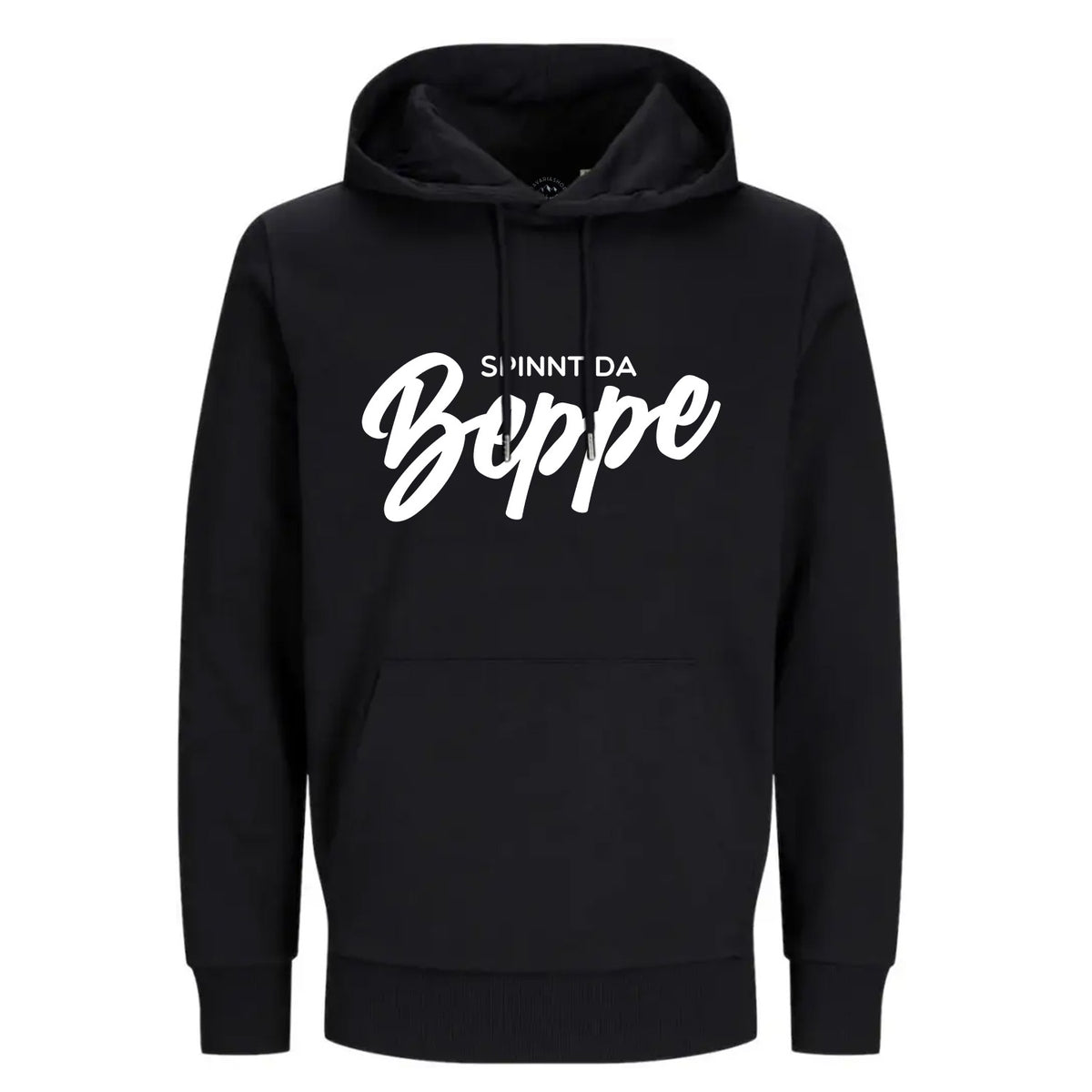 Schwarzer Hoodie Spinnt da Beppe mit weißem Aufdruck, Kapuze und Kängurutasche auf weißem Hintergrund.