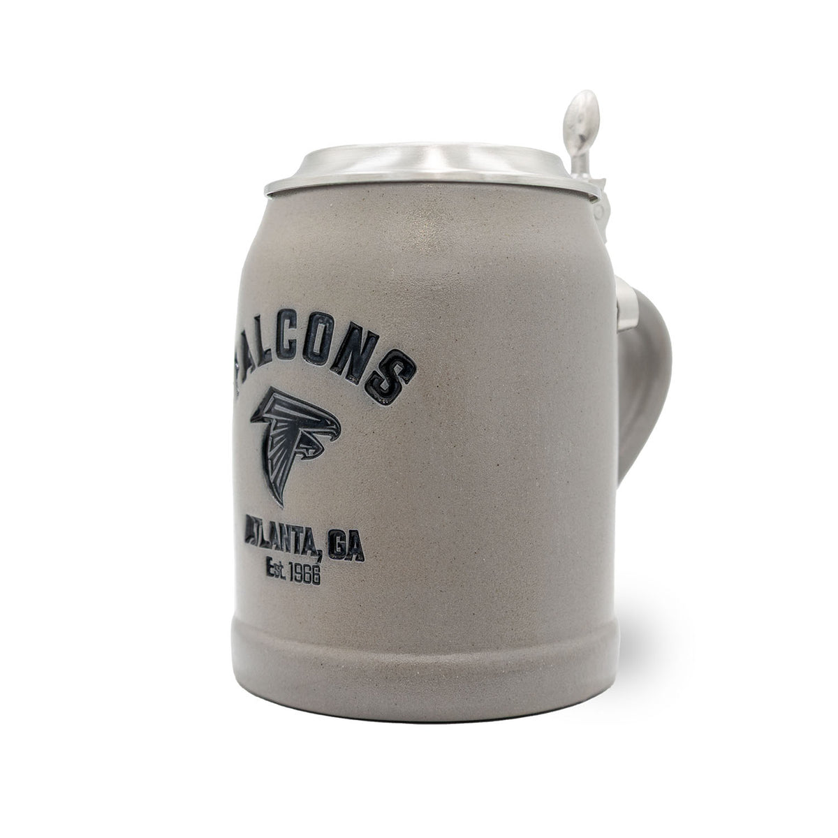 Grauer NFL PREMIUM Teamkrug Atlanta Falcons aus Steinzeug mit Zinndeckel und Henkel, Logo-Prägung.
