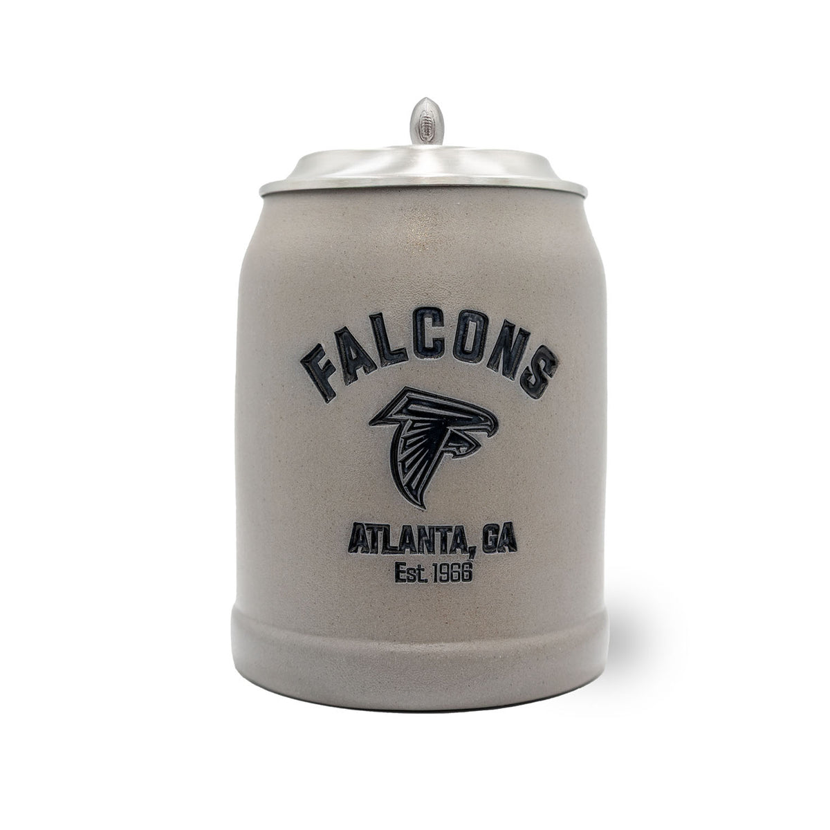 NFL PREMIUM Teamkrug Atlanta Falcons, grauer Steinzeugkrug mit Zinn-Deckel und Falken-Emblem, sportliches Design.