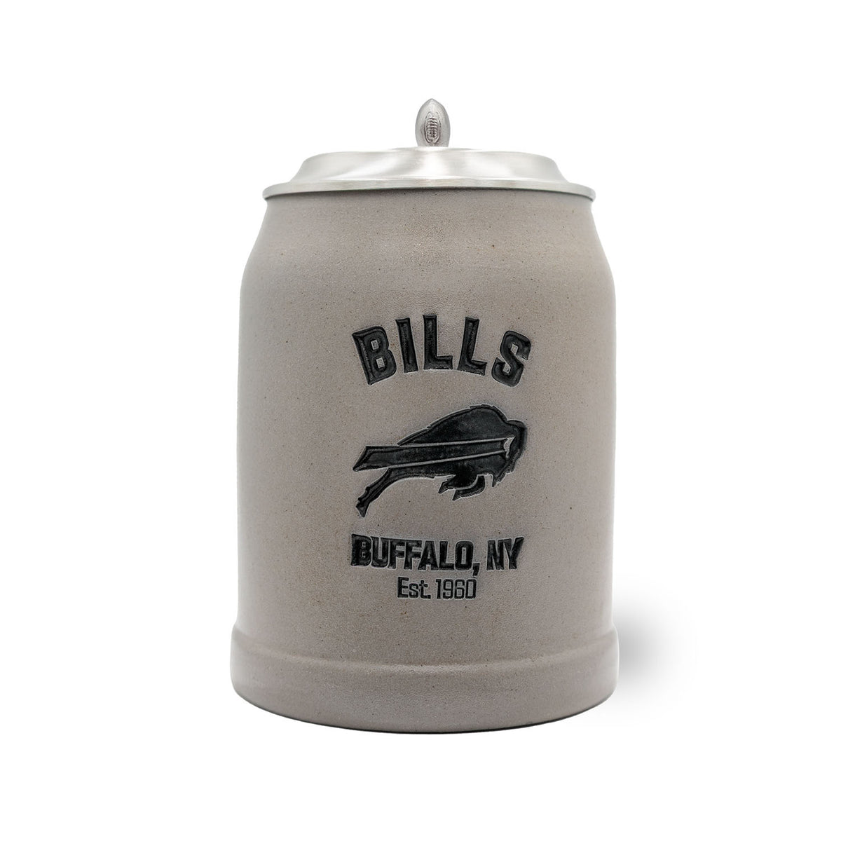 NFL PREMIUM Teamkrug Buffalo Bills aus grauem Steinzeug mit Zinndeckel und Football-Symbol.