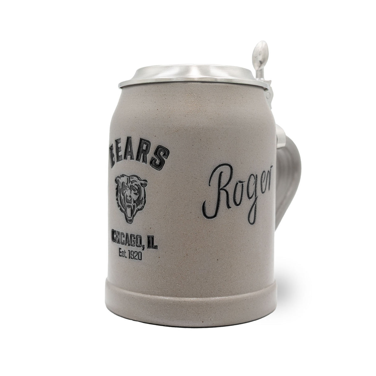 Grauer ®NFL PREMIUM Krug "Chicago Bears" aus Steinzeug mit detailliertem Vereinslogo und Zinndeckel