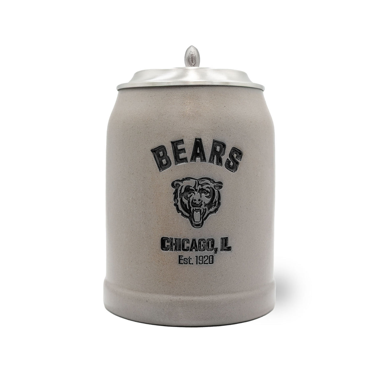 NFL PREMIUM Teamkrug Chicago Bears aus grauem Steinzeug mit Zinndeckel und Football-Miniatur.
