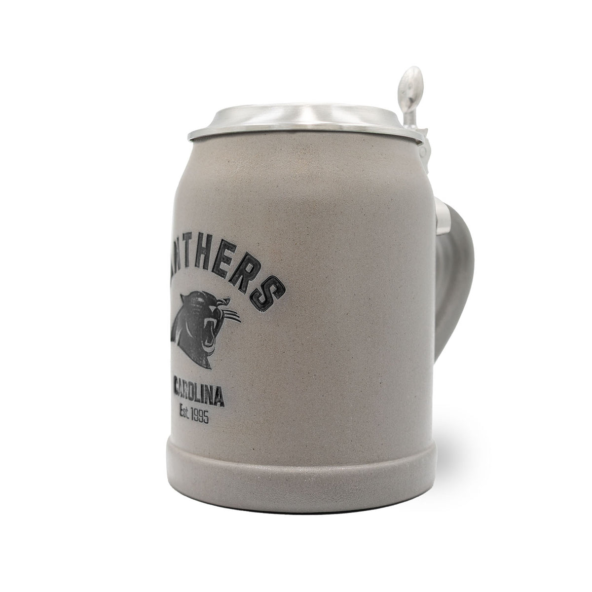 NFL PREMIUM Teamkrug Carolina Panthers, grauer Steinkrug mit Zinndeckel und schwarzem Logo