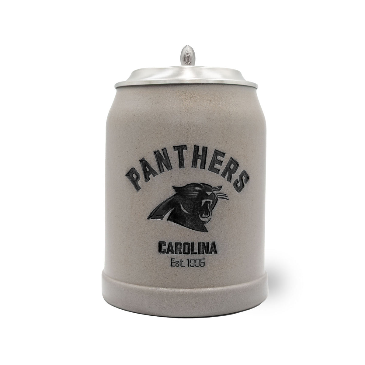 ®NFL PREMIUM Teamkrug Carolina Panthers, grauer Steinzeugkrug mit Panthers-Logo, Schriftzug und Zinndeckel.