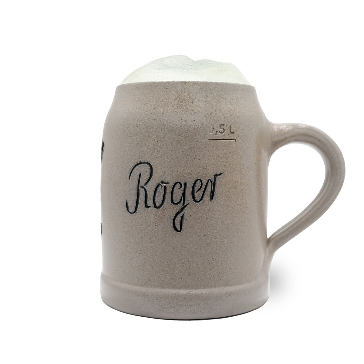 Grauer Steinzeug-Bierkrug mit der Aufschrift Roger und weißem Schaum, 0,5 Liter Markierung, NFL Teamkrug.