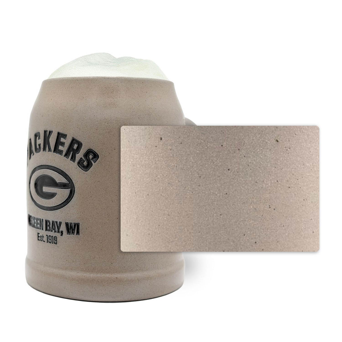 NFL PREMIUM Teamkrug Green Bay Packers, steingrauer Steinzeugkrug mit Logo und Schaumkrone, Detailansicht