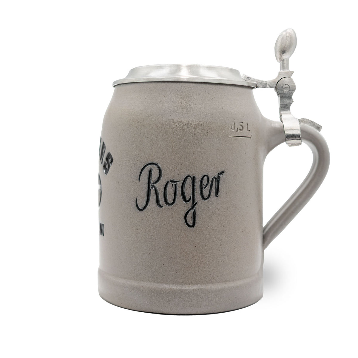 Grauer ®NFL PREMIUM Teamkrug Green Bay Packers aus Steinzeug mit Zinndeckel und Henkel, Aufschrift Roger.