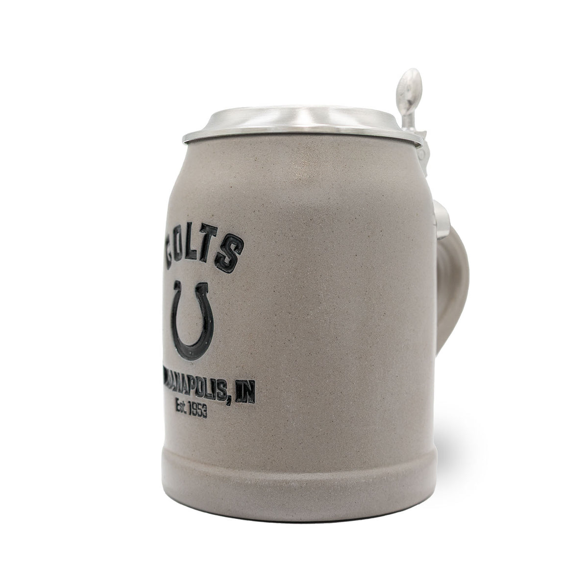 Grauer NFL PREMIUM Teamkrug der Indianapolis Colts aus Steinzeug mit Zinn-Deckel und Logo-Prägung