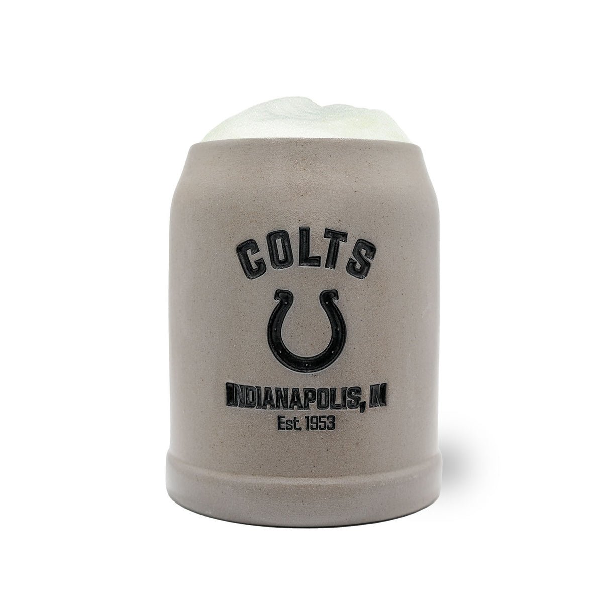 Premium NFL-Teamkrug Indianapolis Colts, grauer Steinkrug mit schwarzem Teamlogo und Schriftzug, gefüllt.