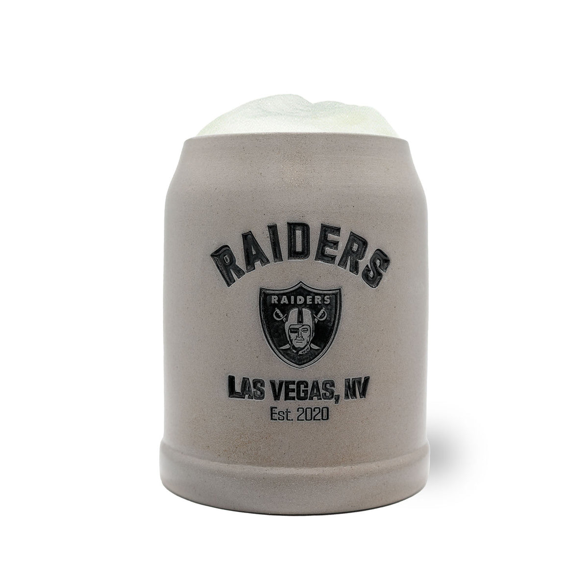 NFL PREMIUM Teamkrug Las Vegas Raiders aus Steinzeug, grau mit schwarzem Logo und Aufschrift.