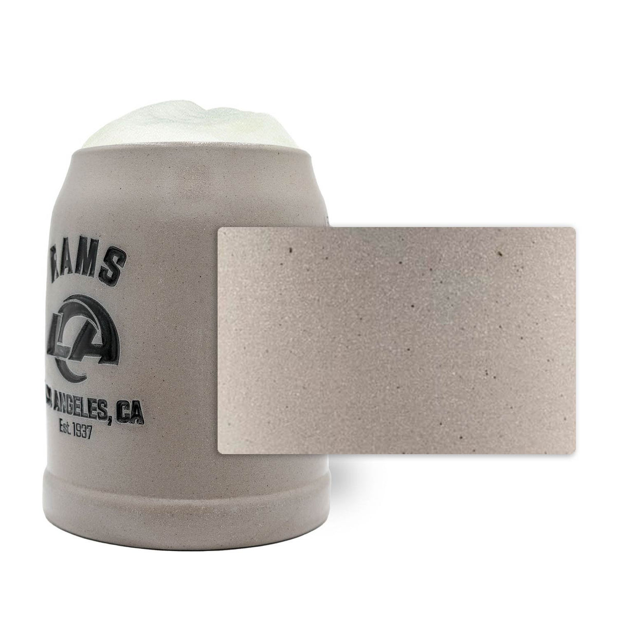 Grauer ®NFL PREMIUM Teamkrug Los Angeles Rams mit Logo, Schaumkrone und Detailansicht der Steinzeugstruktur, passend für Fans.