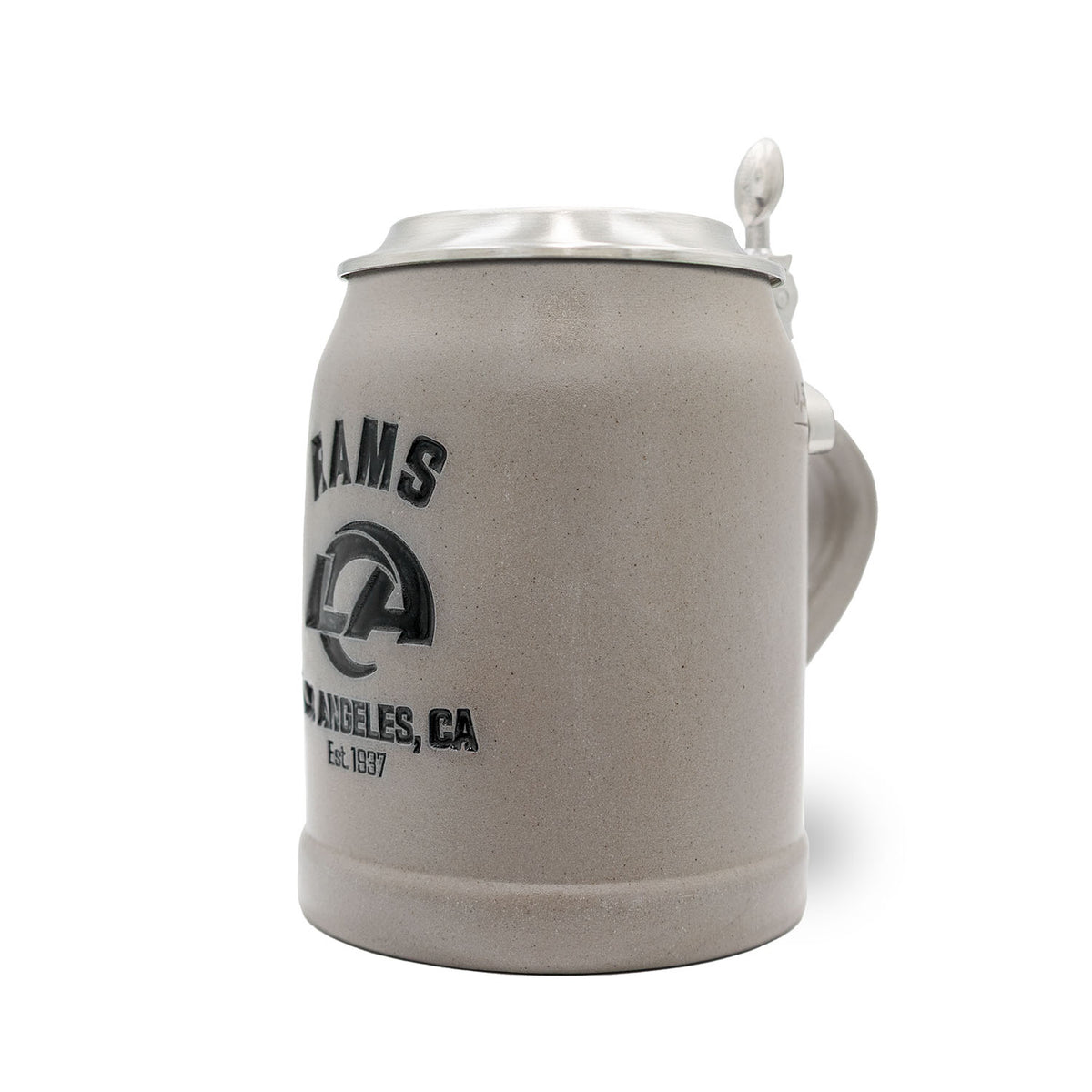 Grauer Premium Teamkrug Los Angeles Rams mit NFL-Logo und Zinndeckel, detailliertes Fan-Sammlerstück.