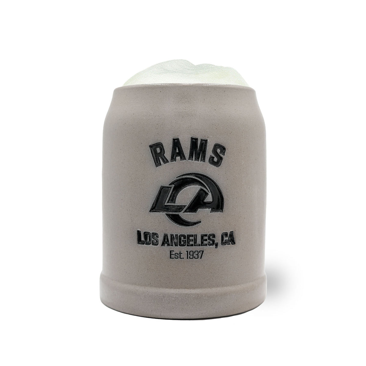 Grauer NFL PREMIUM Teamkrug Los Angeles Rams aus Steinzeug mit schwarzem Teamlogo und Schriftzug auf schlichtem Hintergrund.