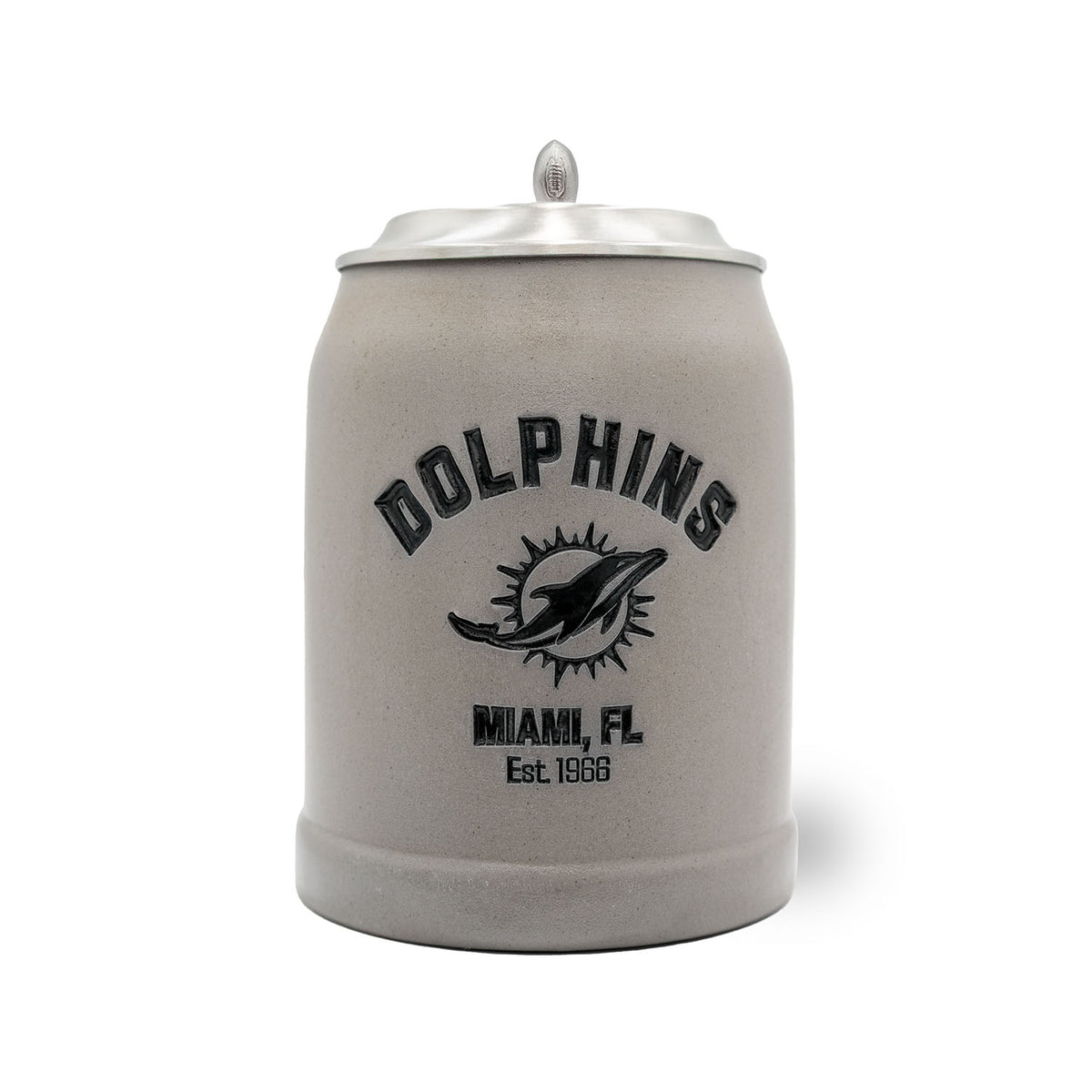 Grauer ®NFL PREMIUM Teamkrug Miami Dolphins mit Dolphin-Logo und Zinndeckel, Football-Detail, Sammlerstück