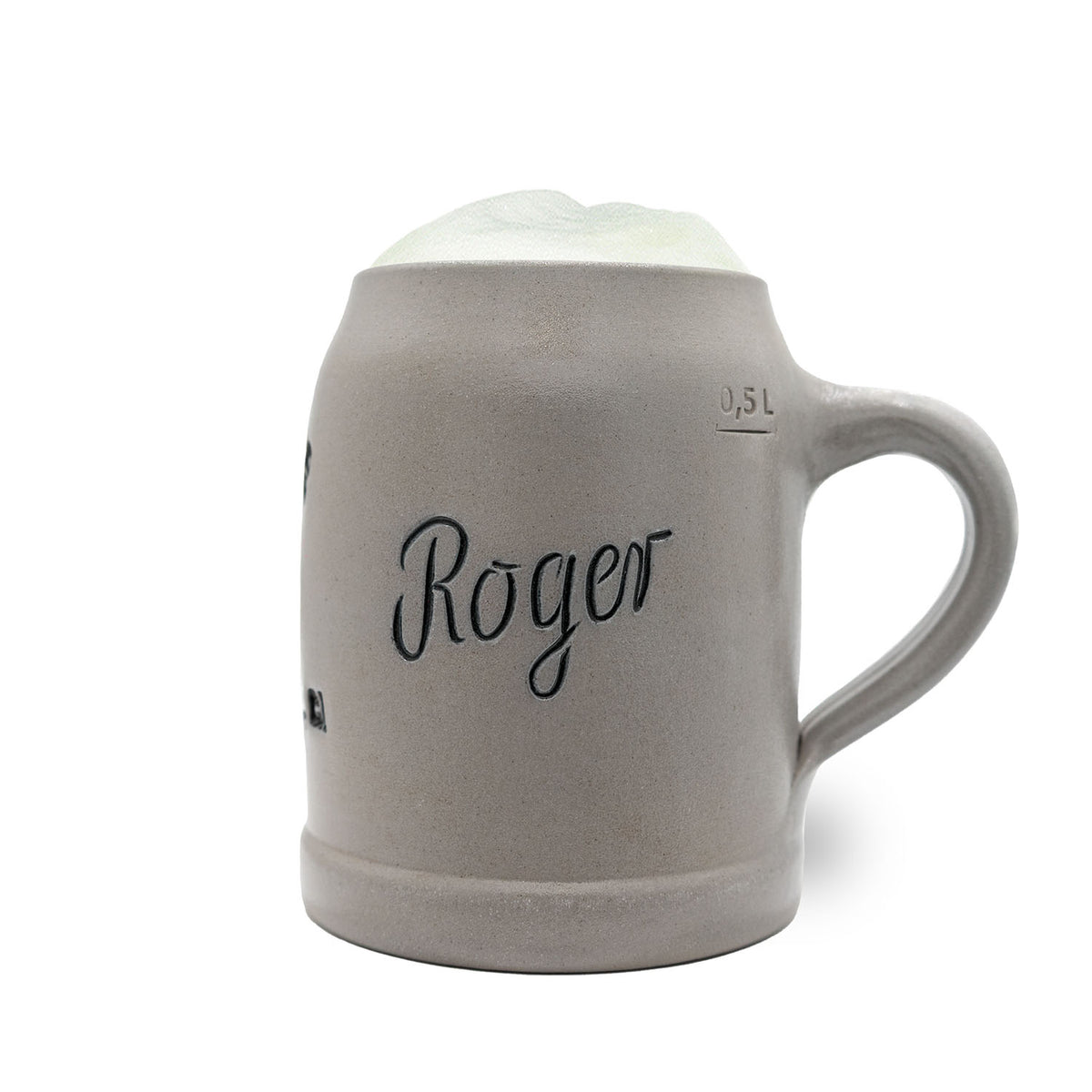 Grauer Bierkrug mit Aufschrift Roger und Bier im 0,5 Liter Maß, perfekt für NFL Pittsburgh Steelers Fans.