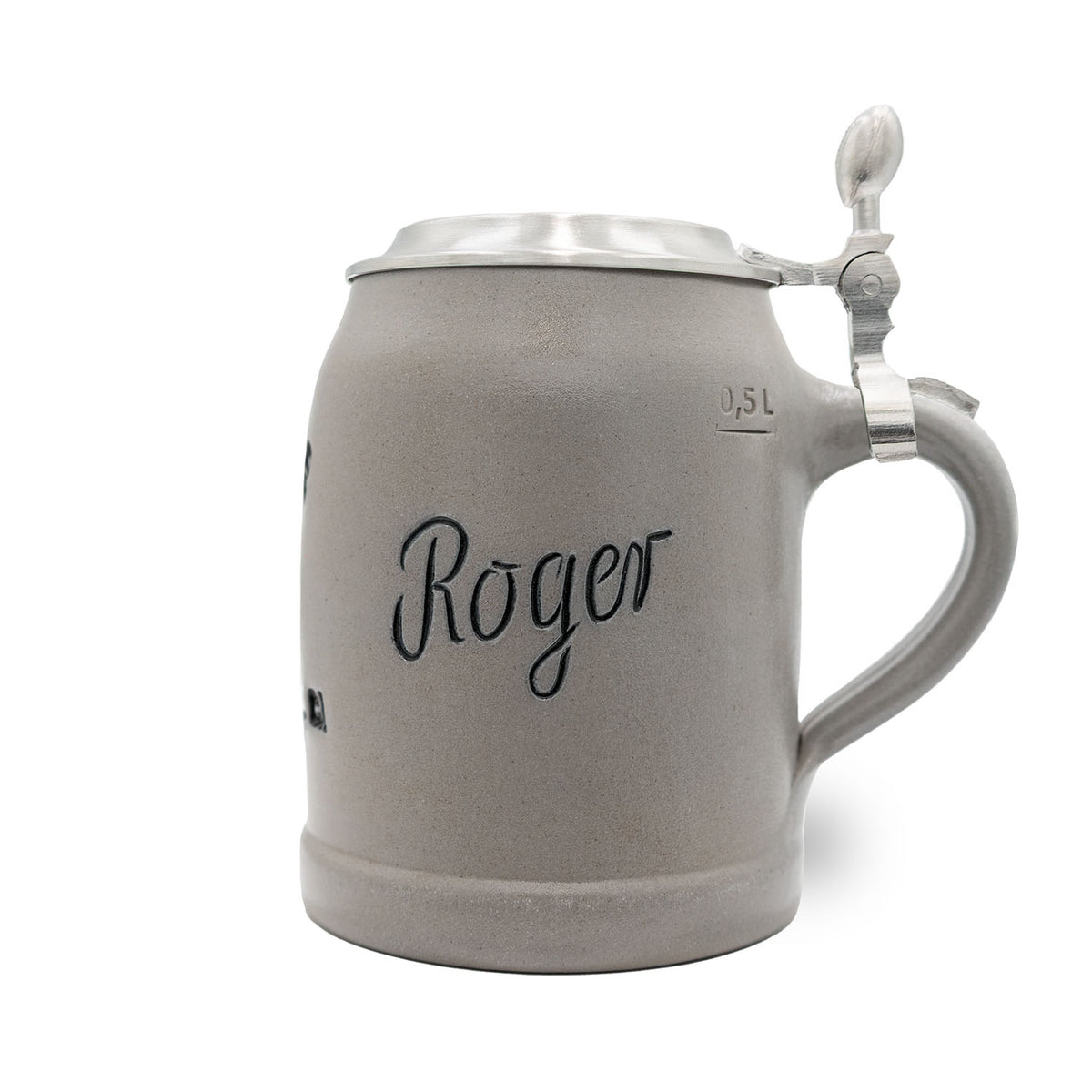 Grauer ®NFL PREMIUM Teamkrug Pittsburgh Steelers aus Steinzeug mit Zinndeckel und Gravur Roger.