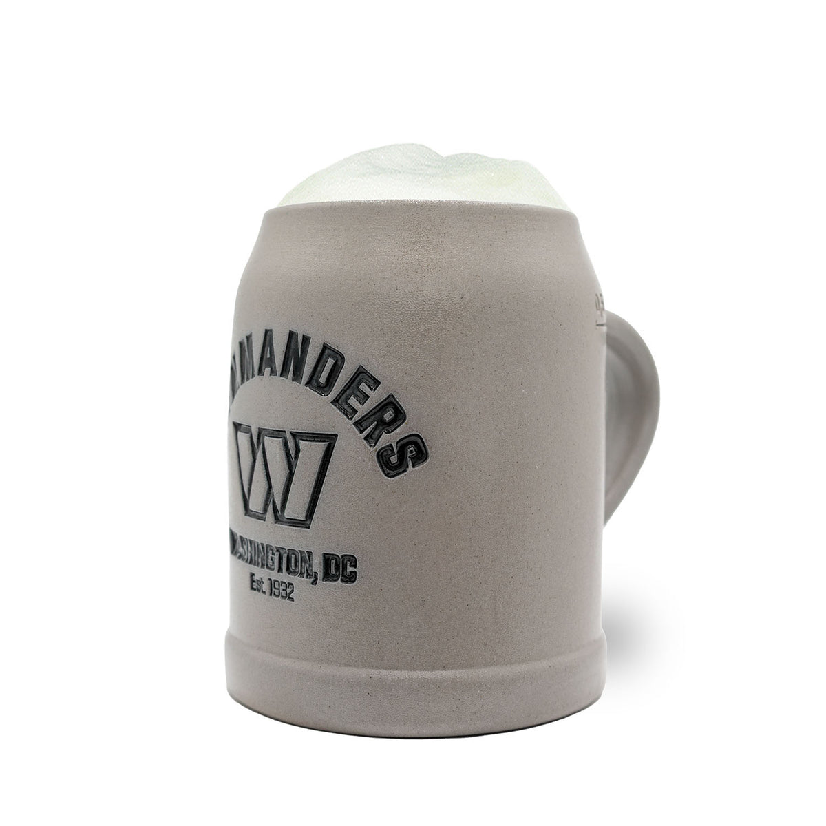 Grauer ®NFL PREMIUM Teamkrug Washington Commanders aus Steinzeug mit Schaumkrone, Logo und Stadtnamen.
