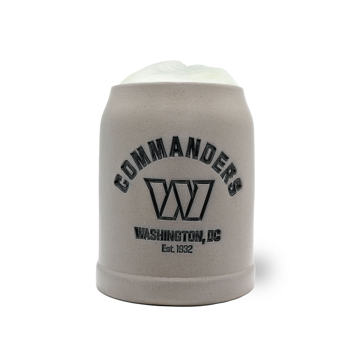 Grauer NFL PREMIUM Teamkrug Washington Commanders mit schwarzem Logo, Schriftzug und Schaumkrone.
