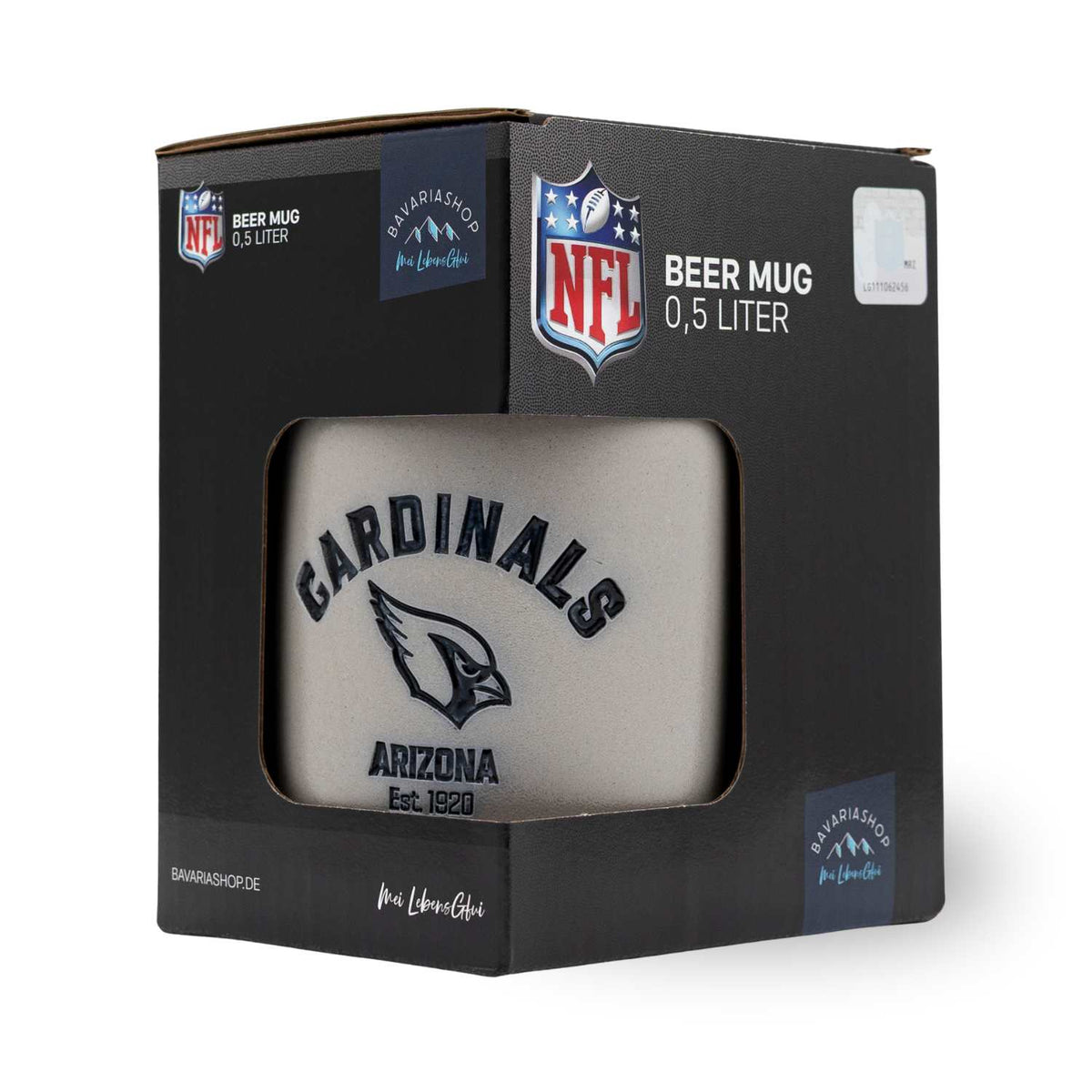 NFL PREMIUM Teamkrug Arizona Cardinals in schwarzer Verpackung, der graue Krug mit rotem Vogel-Logo sichtbar.