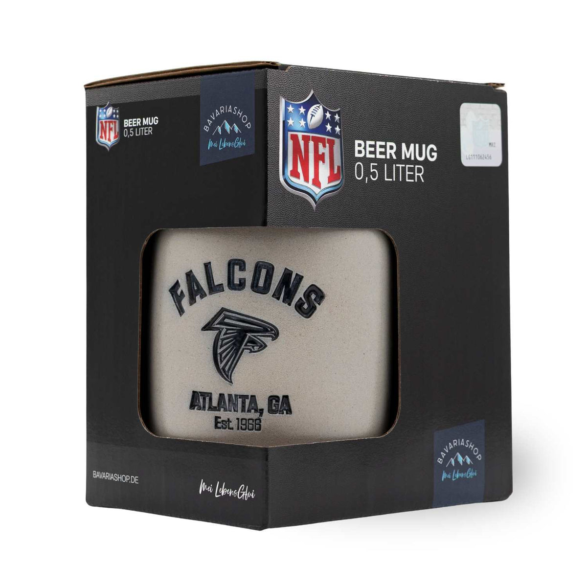 ®NFL PREMIUM Teamkrug Atlanta Falcons in Originalverpackung, grauer Bierkrug mit Logo und Schriftzug.