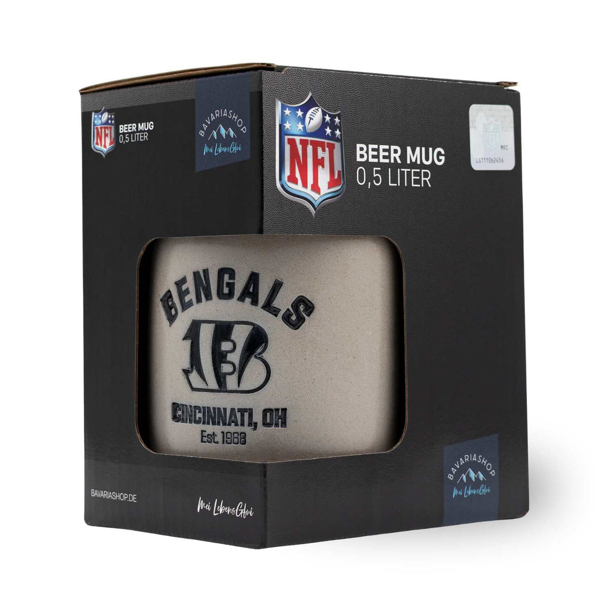 ®NFL PREMIUM Teamkrug Cincinnati Bengals in Produktverpackung, grauer Bierkrug mit schwarzem Bengals Logo.