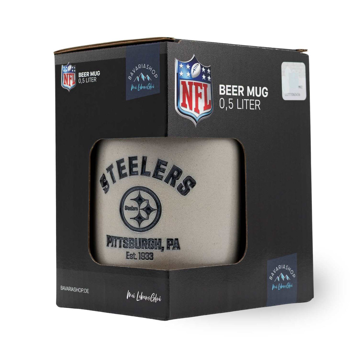 ®NFL PREMIUM Teamkrug Pittsburgh Steelers in schwarzer Originalverpackung, sichtbar durch Sichtfenster, grau mit Schriftzug.