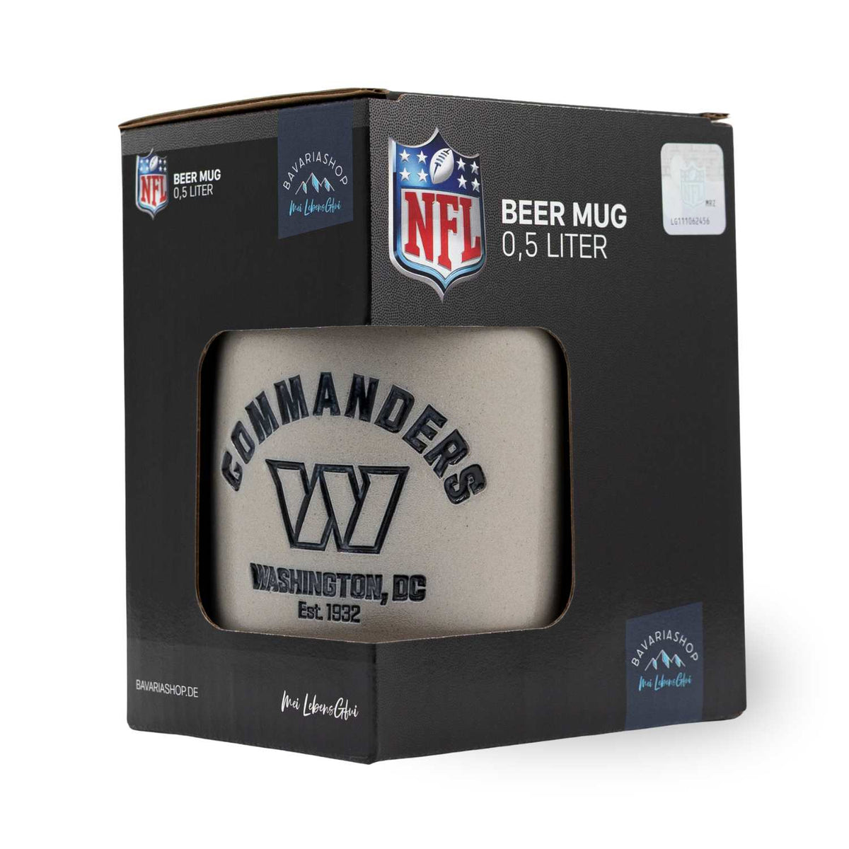 NFL PREMIUM Teamkrug Washington Commanders in schwarzer Geschenkverpackung mit Sichtfenster, 0,5 Liter Kapazität