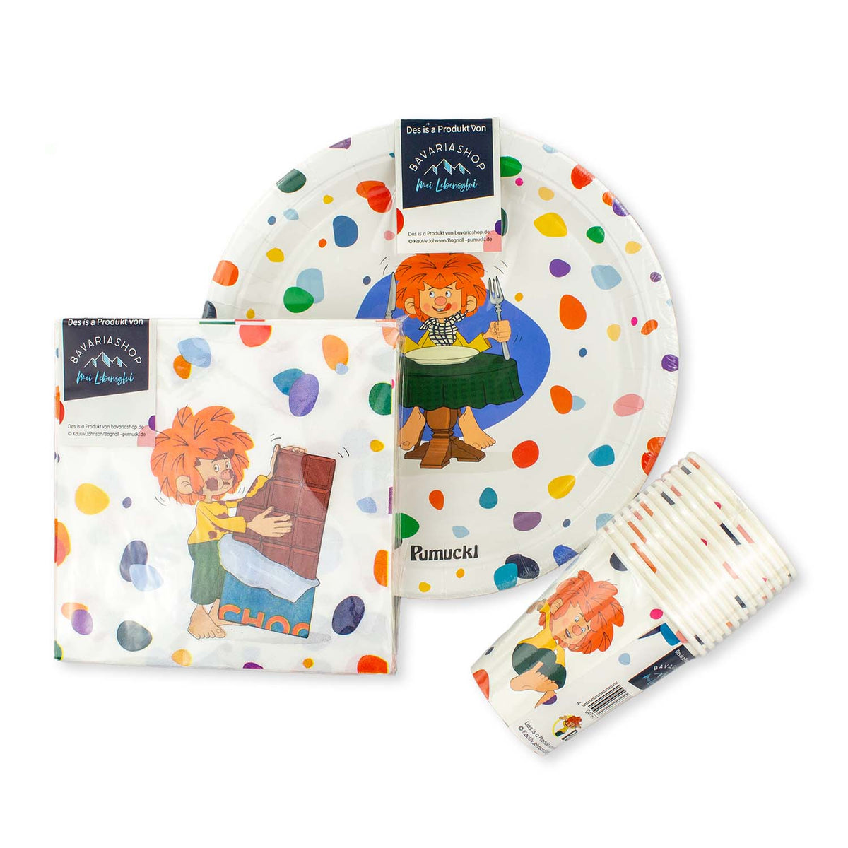 Pumuckl Partyset in der Verpackung: Pappteller, Servietten und Pappbecher mit Bavariashop-Banderole