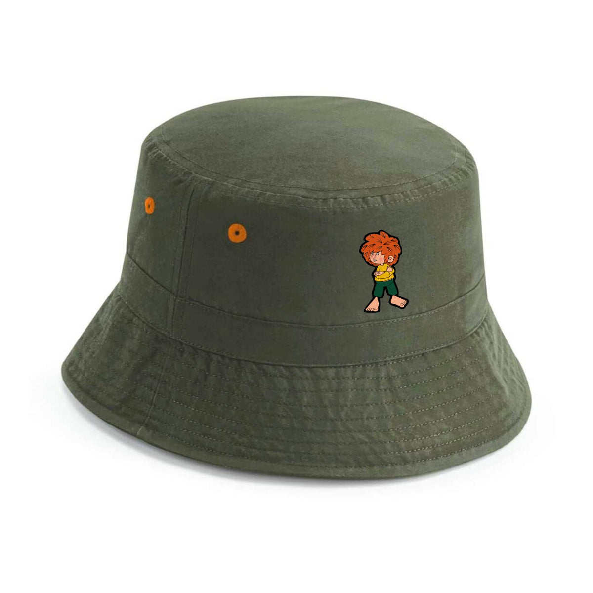 Pumuckl Fischerhut Grantla in Olivgrün, Vorderseite mit Pumuckl-Weblabel und orangen Belüftungsösen