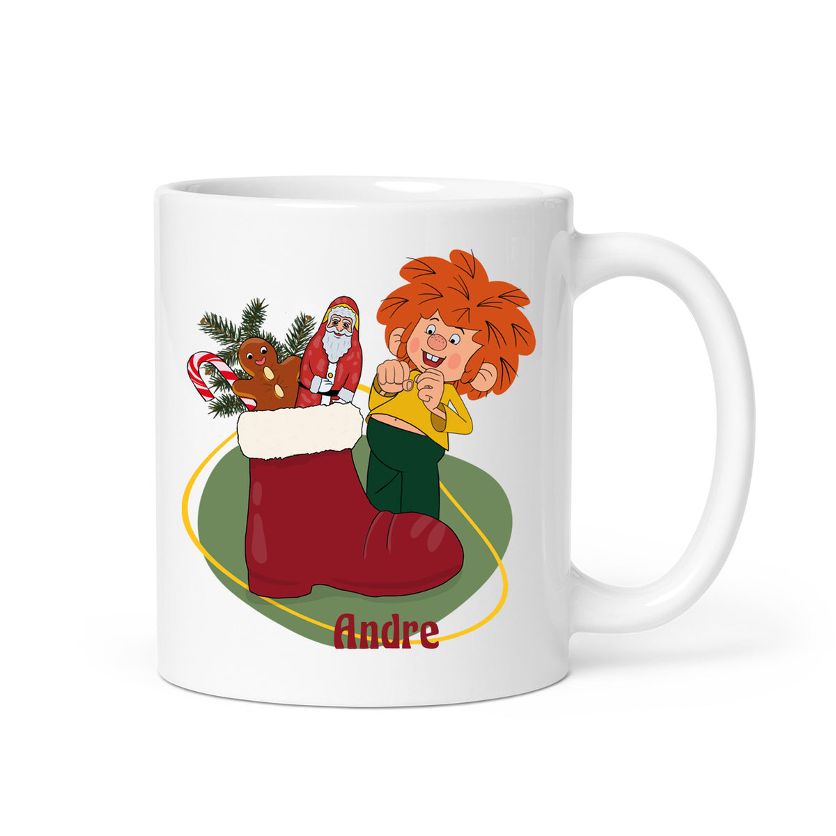 Pumuckl Tasse Nikolaus personalisierbar, weiß mit Pumuckl und gefülltem Nikolausstiefel, Name Andre