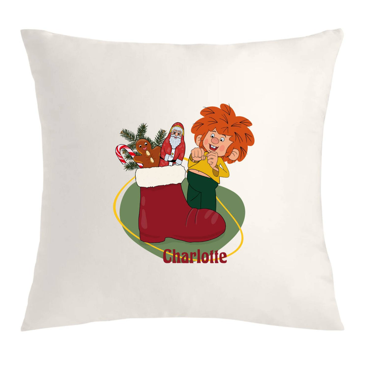 Pumuckl Kuschelkissen Nikolaus personalisiert mit Pumuckl und gefülltem roten Stiefel mit Geschenken.