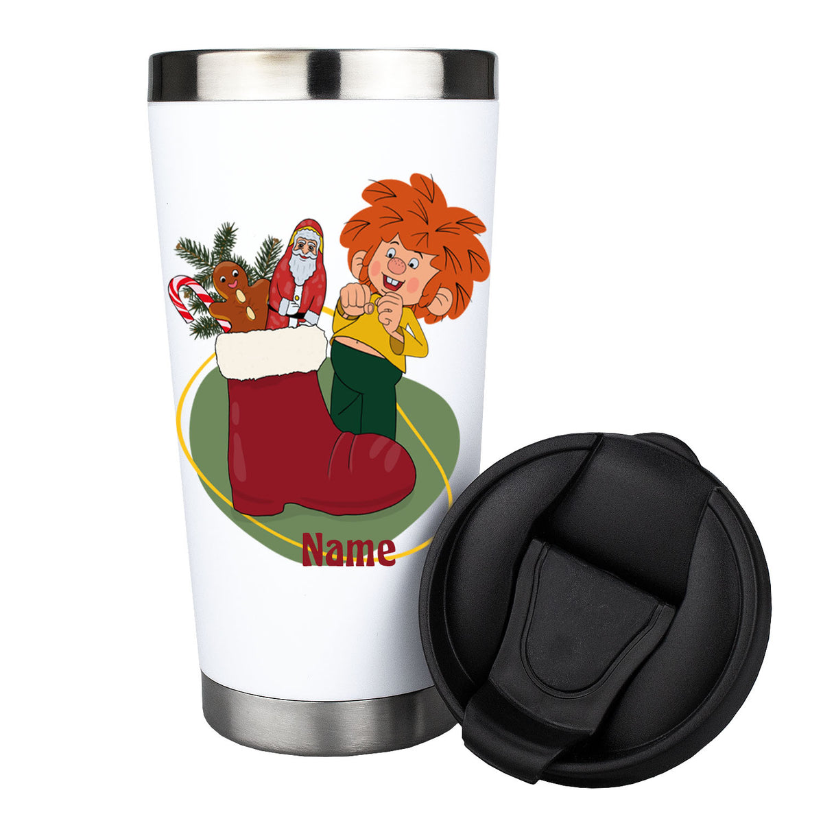 Weißer Pumuckl Thermo-Becher mit Nikolausdesign, personalisierbar und schwarzem Deckel, perfektes Weihnachtsgeschenk.