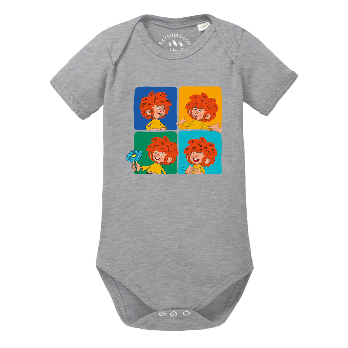 Grauer Pumuckl Baby-Body "Meisterwerk" aus Baumwolle mit vier farbigen Pumuckl-Motiven.