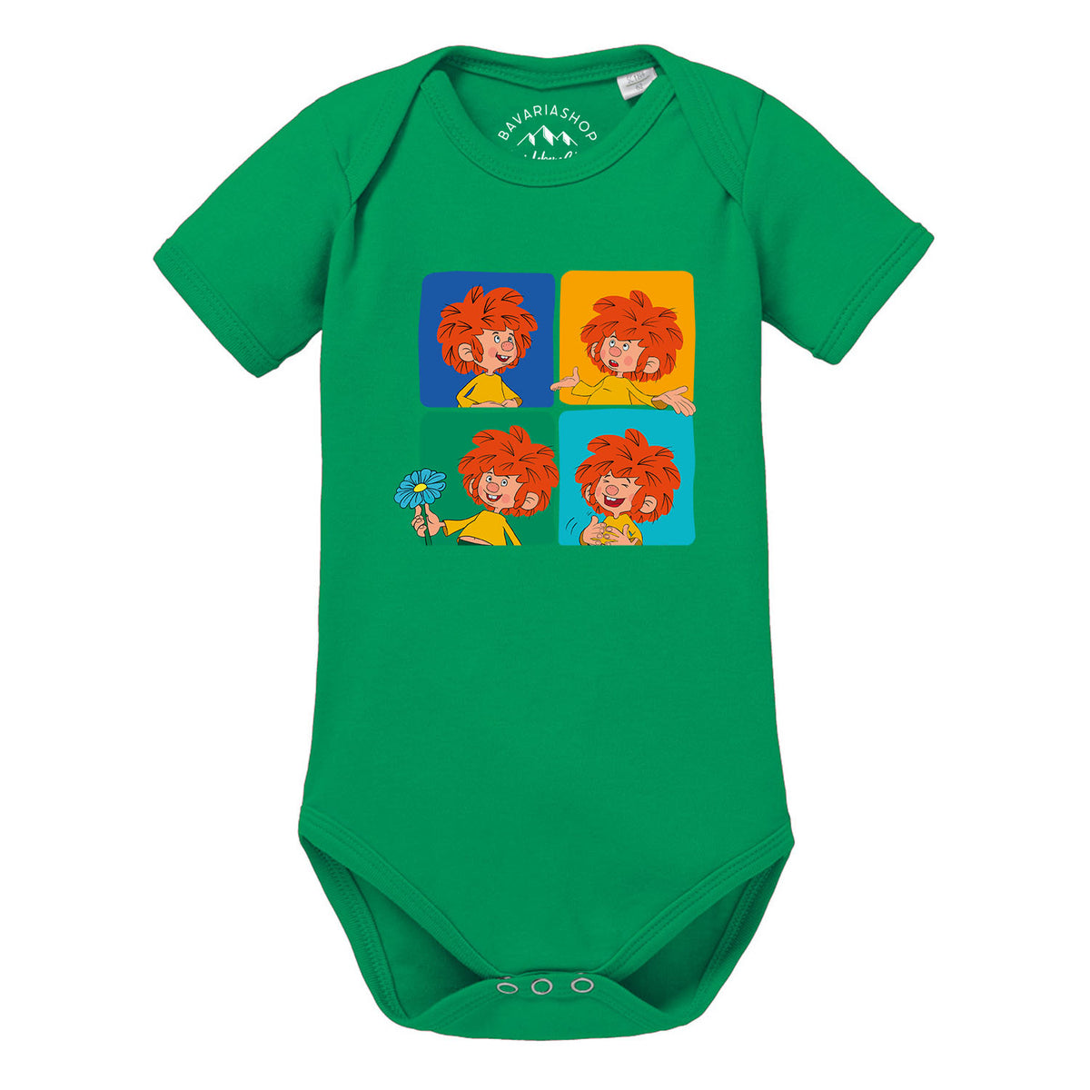 Grüner Pumuckl Baby-Body Meisterwerk mit vier lachenden Pumuckl-Motiven und Druckknöpfen im Schritt.