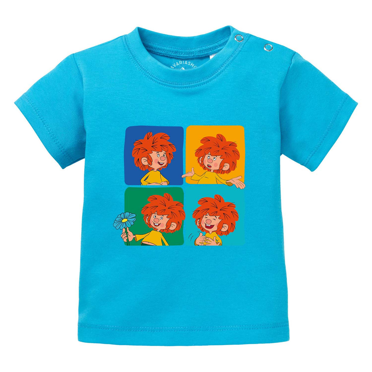 Türkisblaues Pumuckl Baby T-Shirt Meisterwerk mit vier verschiedenen Pumuckl-Motiven und Druckknöpfen.